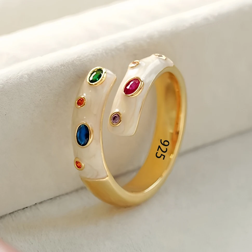 925 Sterling Silver Ring for Women Colored Crystal Gemstone Inlaid Enamel  Bohemia Office Jewelry Gift Dropshipping