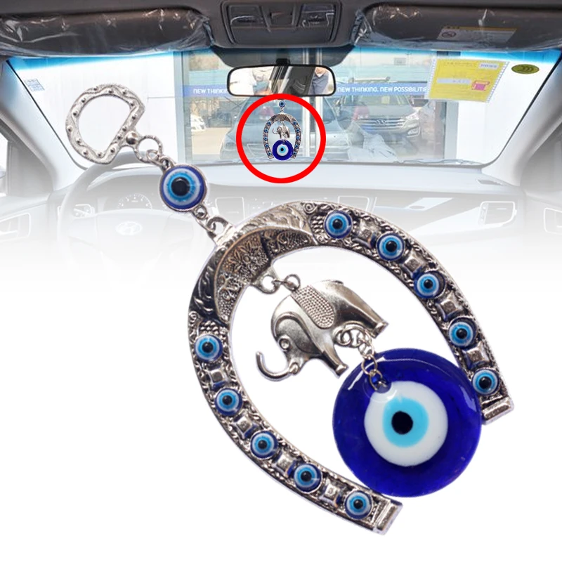 Turkish Glass Eye Amulet Horseshoe With Elephant Ribbon Ethnic Wall Hanging Lucky Pendants Wind Chimes Home Car Decoration Gift