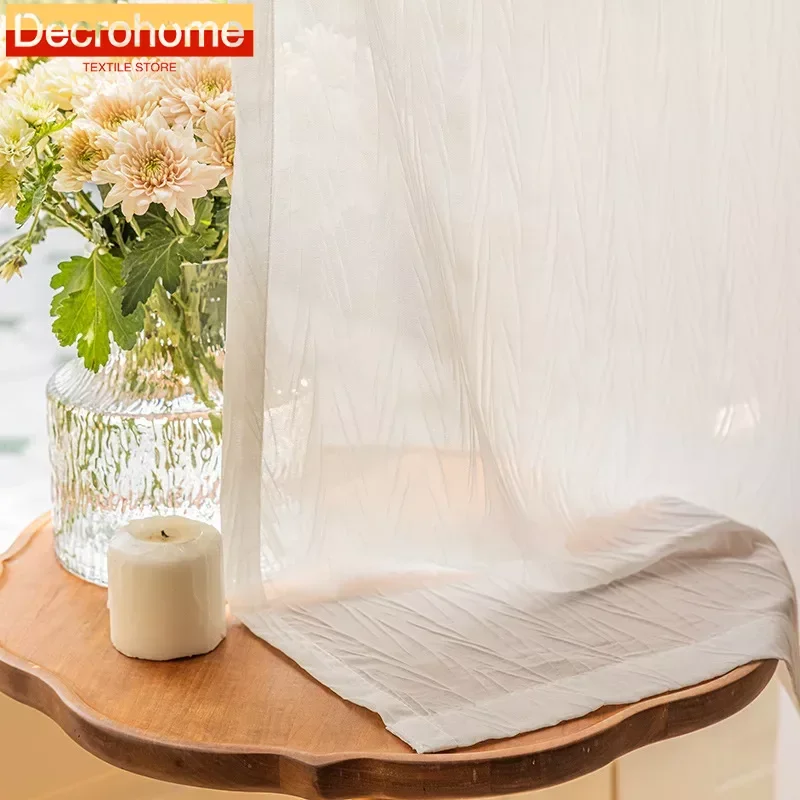 High-end French Light Luxury Curtains Curtains New Living Room Bedroom Balcony Floating Window White Yarn Dovetail Crinkle Yarn