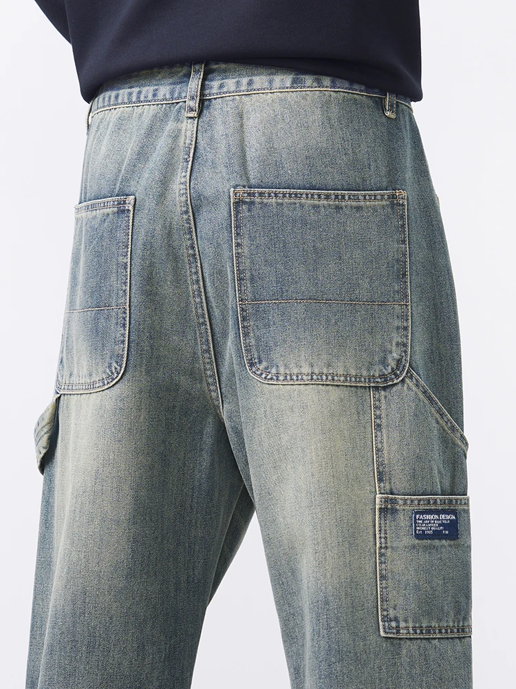 الشارع الشهير الهيب هوب الجينز الرجال خمر جيب تقسم ​ ​ واسعة الساق الأزياء السراويل البضائع الكورية Y2K فضفاض الخريف الدنيم السراويل