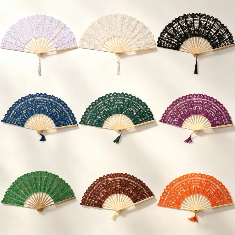 6 Pack Bamboo Handle Vintage Lace Hand Fan European Style with Tassel Embroidered Folding Fan Hand Held Dance Fan Summer Gift