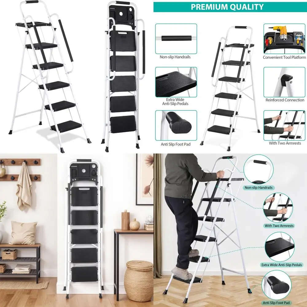سلم قابل للطي للبالغين - مقعد فولاذي محمول مع صينية أدوات، معالجات واسعة مضادة للانزلاق، ميزة قفل أمان، مثالية للمنزل و