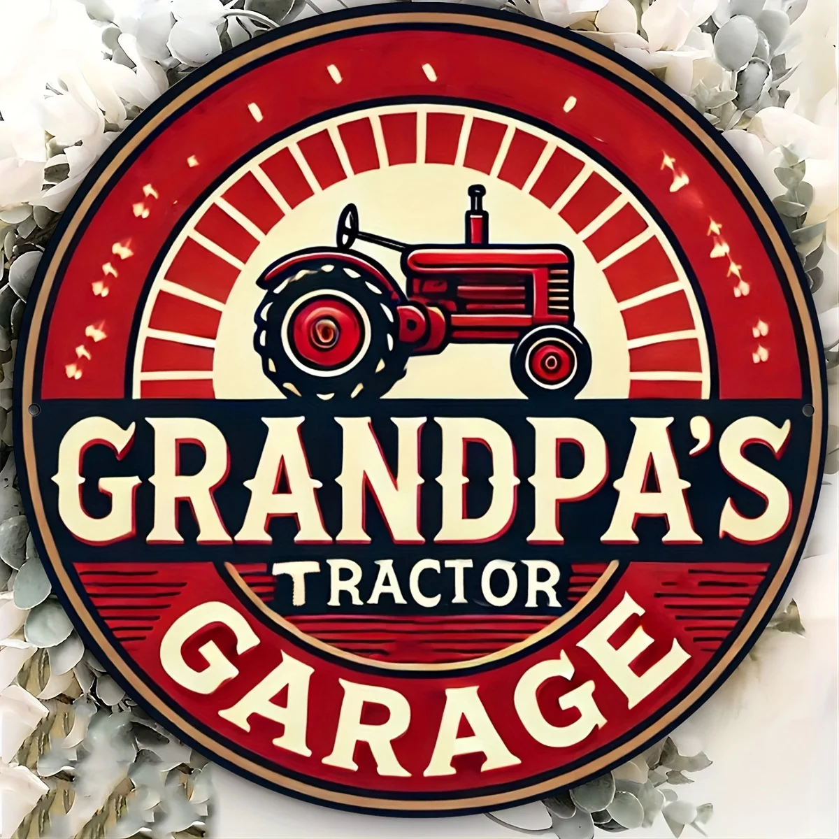 2D Retro Red Tractor Grandpa's Garage Text Sign Country Workshop Wall Decor 20x20cm Metal Tin Sign / Iron Plaque