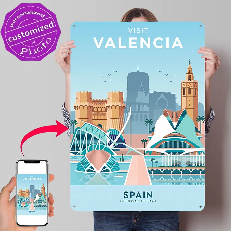 Visit Valencia Travel Poster Retro 3D Printed Metal Signs Customized Wall Hanging Gift for Office Decor Room Tin Sign Wand Deko