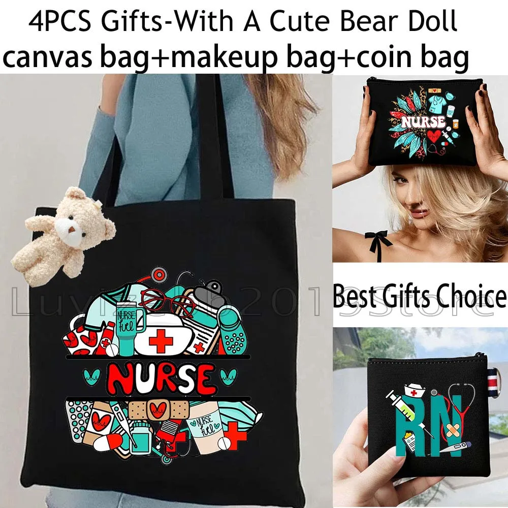 4PCS FLORAL NURSE SCRUB LIFE Nursing Student Gifts Black Shopper Canvas Tote Bag Handbag,Cosmetic Makeup Bag,Coin Purse Wallet