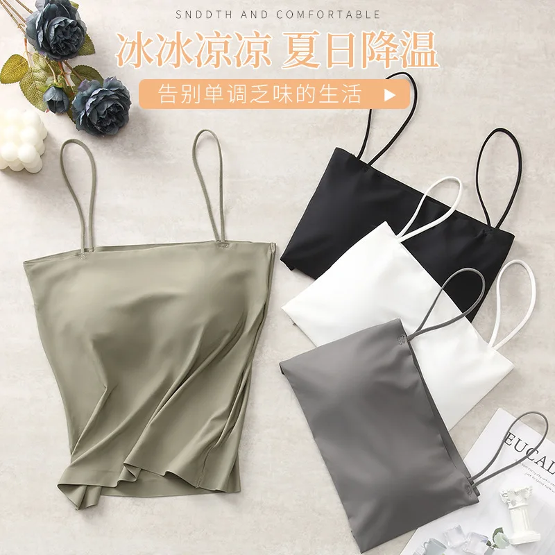 2PCS/Lot Ice Silk Beauty Back Camisole Top For Women with Chest Pad Fixed Cup Inner Wear Outer Wear Summer Female Bandeau