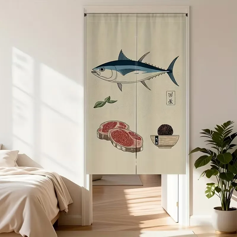VIKAMA Retro-Style Tuna Sashimi Half-Door Curtain, Sushi Izakaya Room Divider Curtain, Commercial Entryway Decorative Curtain