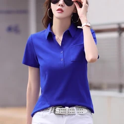 Korean version short sleeved t-shirt for women's summer new high-end fashion pure cotton lapel loose casual oversized top