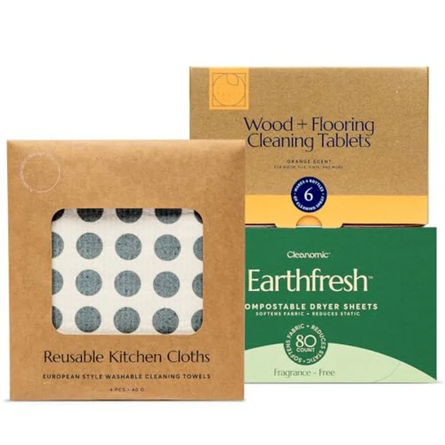 

Reusable Kitchen Cloth Wood and Flooring Cleaning Tablets and Fabric Softener Sheets Bundle