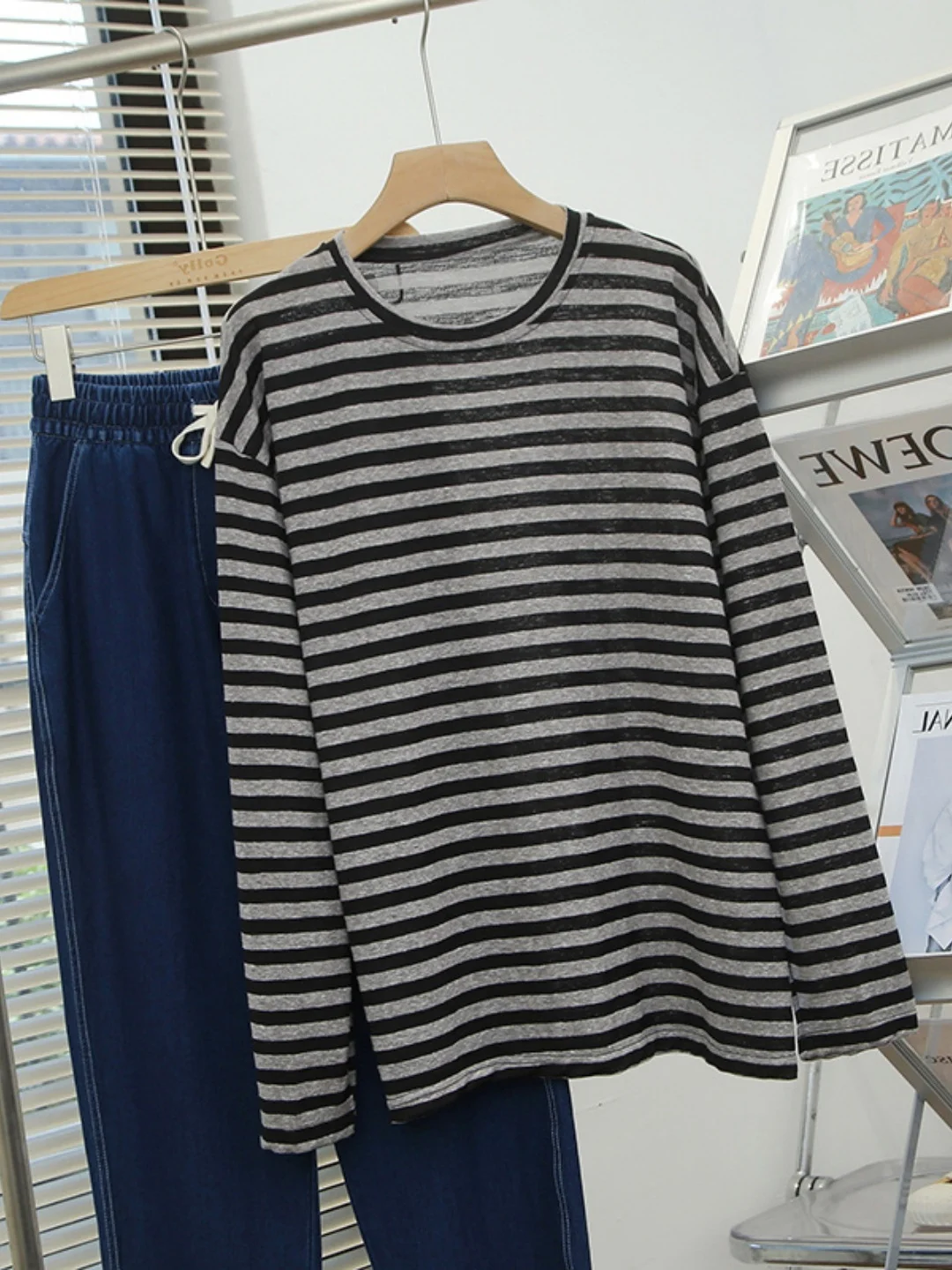 Retro Striped Long Sleeve T-Shirt Women Extra Large Size Casual round Neck Lazy Style Autumn Winter Bottoming Shirt Top