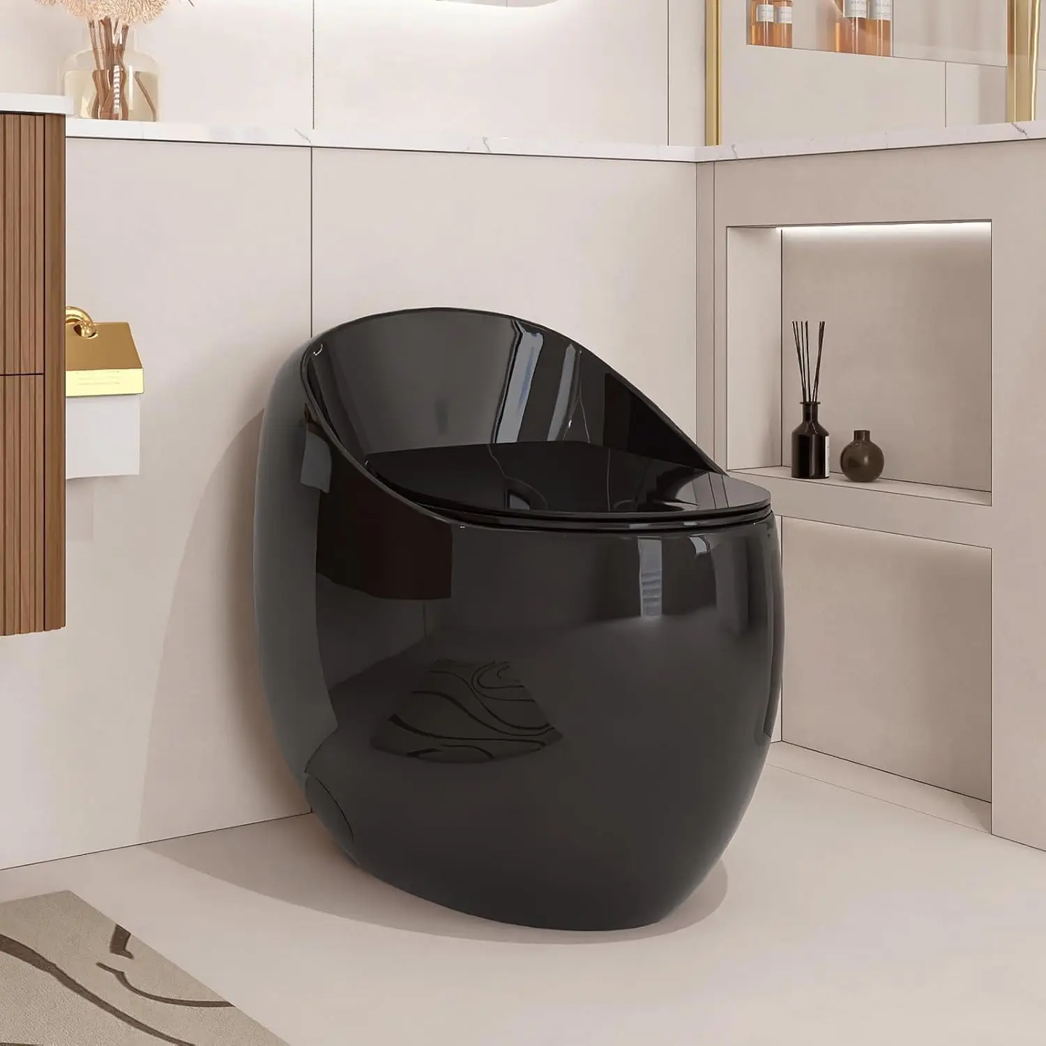 xx-Powerful Flush 1.28 GPF Egg Design Black One Piece Space-Saving Toilet With Quick Release PP Seat For Bathroom^