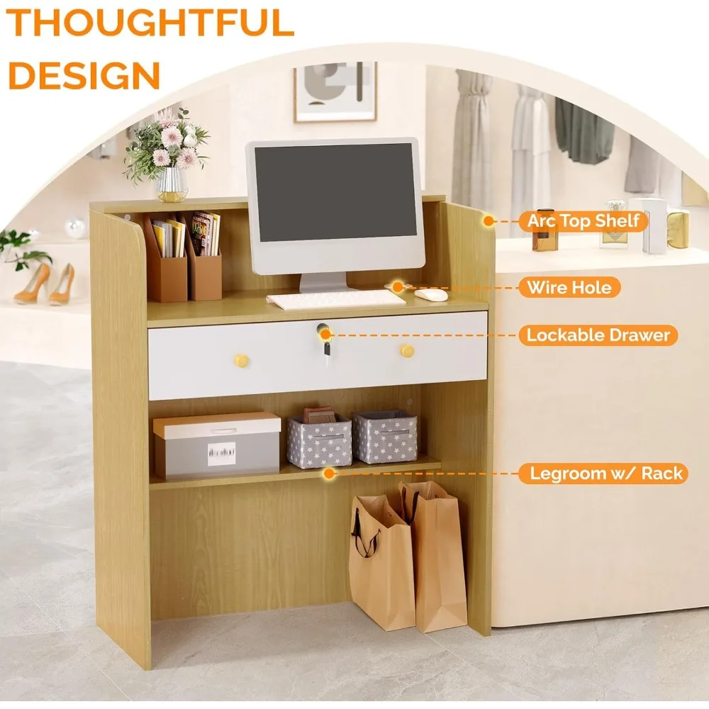 مكتب استقبال مع عداد، مكتب أمامي صغير مع درج قابل للقفل، طاولة استقبال خشبية حديثة لمكتب ردهة الصالون H #6