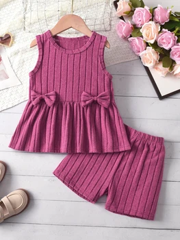 Ribbed Bow Girls Shorts Set 1