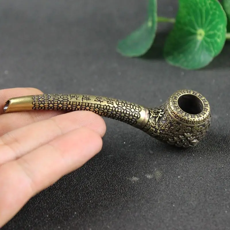 Retro Brass Copper Many Coins Wealth Carved Smoke Cigarette Holder Filter Tobacco Smoking Pipe Accessories Father Grandpa\'s gift