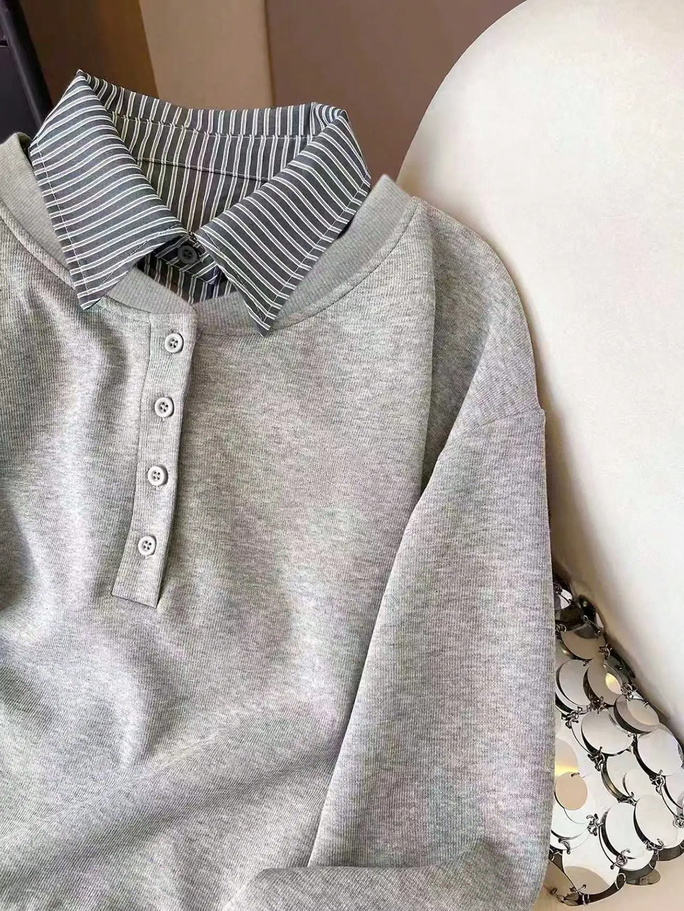 Women's Gray Striped Collar Half-Zip Long Sleeve Sweatshirt, Casual Loose Fit Pullover