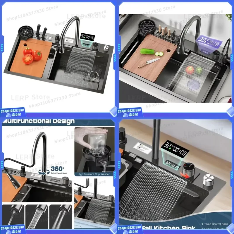 Modern Black Nano Stainless Steel Kitchen Sink Set Single Bowl Smart Faucet Digital Display Multi Functional Wash Basin Smart