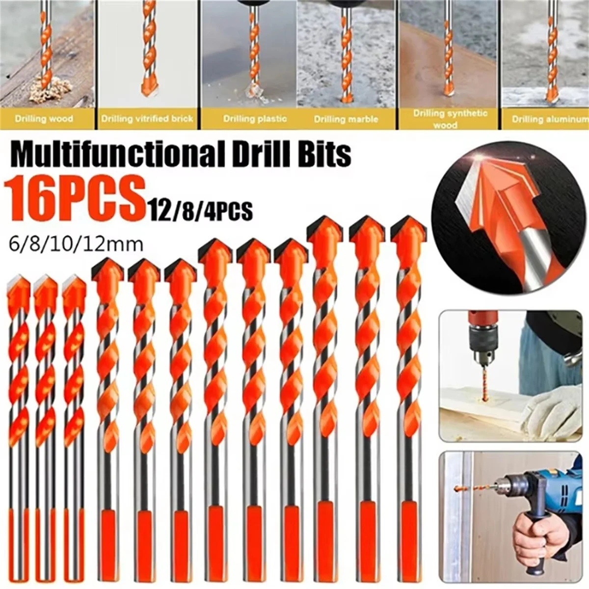 16PCS Tungsten Carbide Masonry Drill Bit Set for Metal Steel Porcelain Ceramic Tile Concrete Brick Wood 3-12mm Drilling Tools