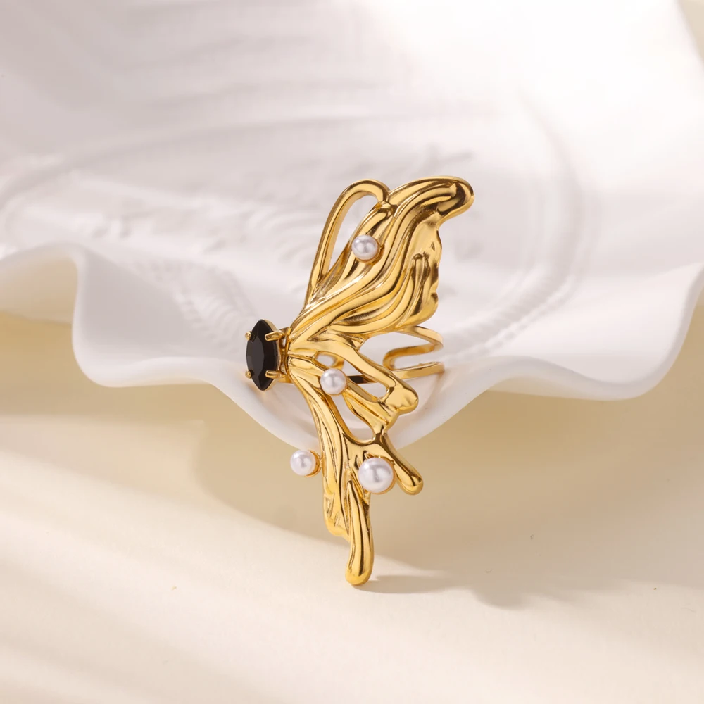 Gothic Butterfly Stainless Steel Ring Gold Color Zirconia Adjustable Ring for Women Anti Fading Wedding Jewelry Accessories Gift