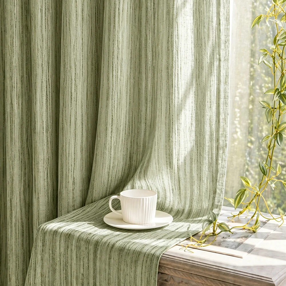 1PC Matcha Cotton Linen Sheer Curtai1PC Vertical Stripe Window Drapery, Ideal for Living Room, Bedroom, Balcony Home Decor