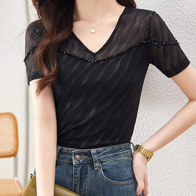 Summer Fashion Patchwork Net Yarn V-neck Short Sleeve T-Shirt Women Clothing Elegant Bright Line Decoration Pullover Top Tee