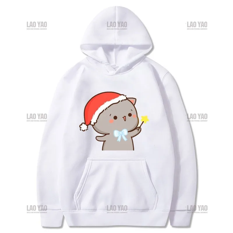 Couple Clothes Christmas Themed Sweatshirt Cute Christmas Peaches and Ash Ash Wear A Santa Hat Hoodies Funny Cartoon Pullovers