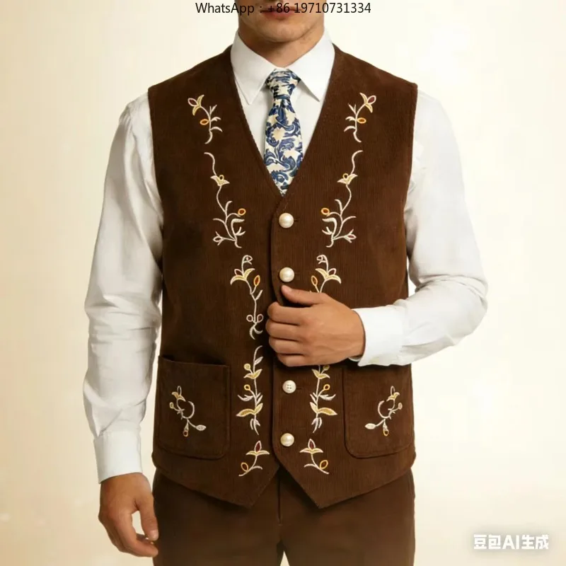 Men's Corduroy Embroidered Vest British Style V-neck Single Breasted Waistcoat Casual Business Banquet Sleeveless