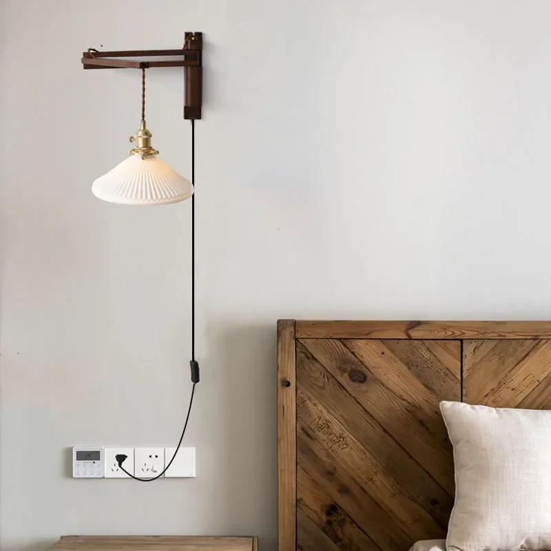 

Retro folding walnut color wall lamp Japanese study living room bedroom bedside lamp tea room Homestaynostalgic coffee shop lamp