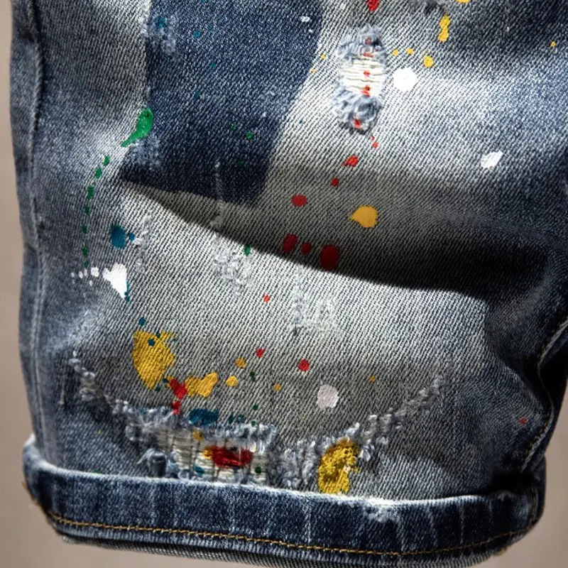 Jeans da uomo di moda firmati estivi Jeans corti strappati dipinti elasticizzati blu retrò da uomo Pantaloncini di jeans casual vintage Hip Hop Hombre