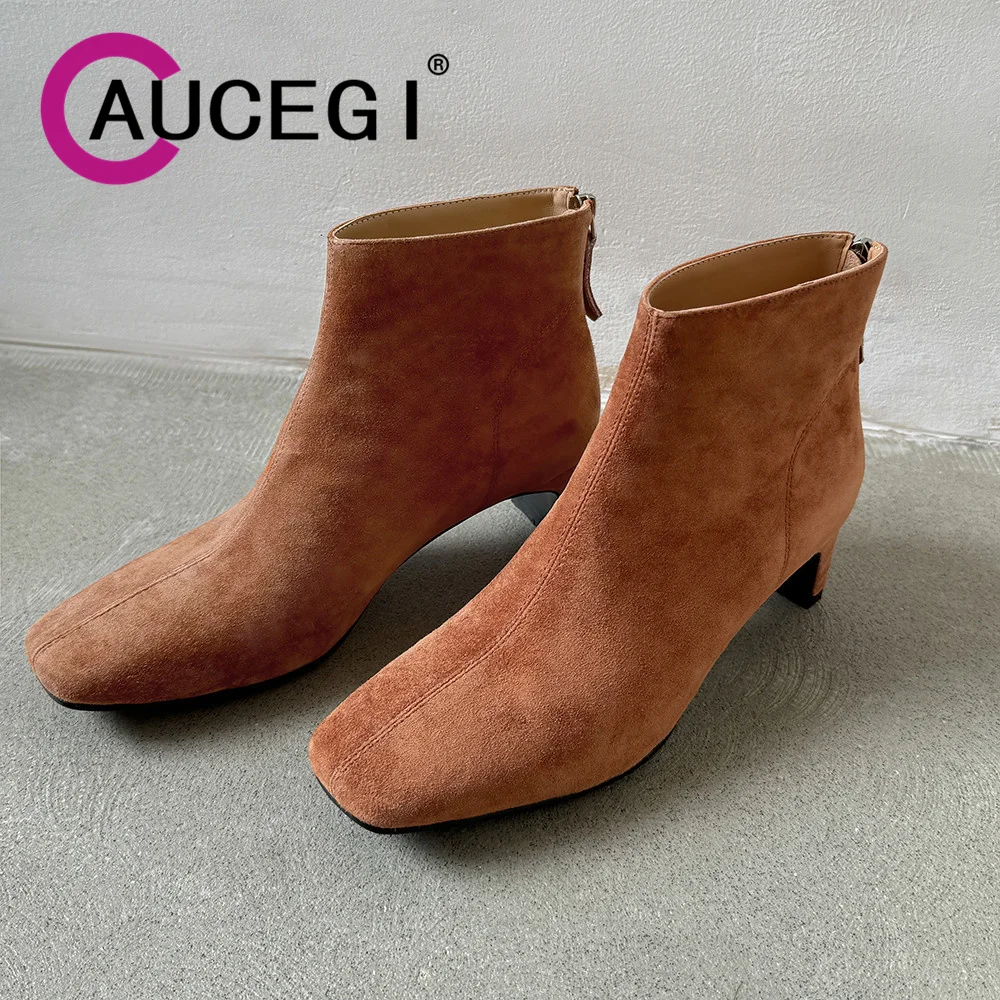 

Aucegi/Винтажные модные женские ботильоны на толстом высоком каблуке с квадратным носком, элегантные современные детские замшевые весенне-осенние туфли на молнии сзади