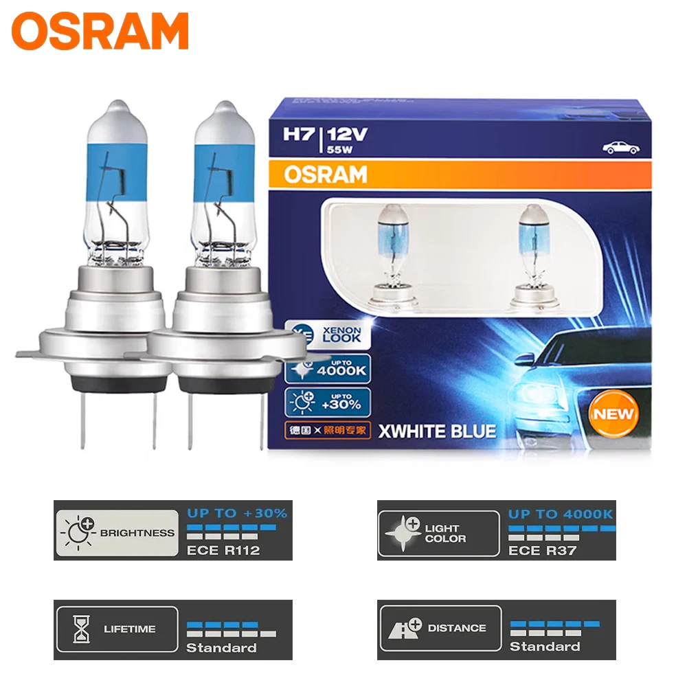 OSRAM AUTO HALOGEN-SCHEINWERFERLAMPE XWHITE BULE H4 H7 Fern-/Abblendlicht H4 12V 60/55W H7 12V 55W 5300K WARMWEISSES LICHT (2 STÜCK)