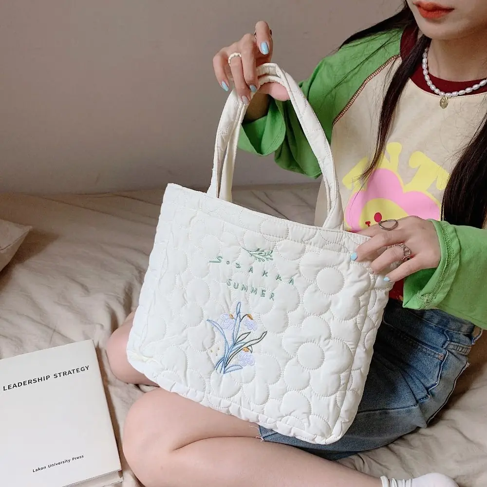 Large Capacity Fresh Flower Embroidery Handbag Storage Bag Solid Color INS Korean Style Tote Bag Shoulder Bag Polyester Girls