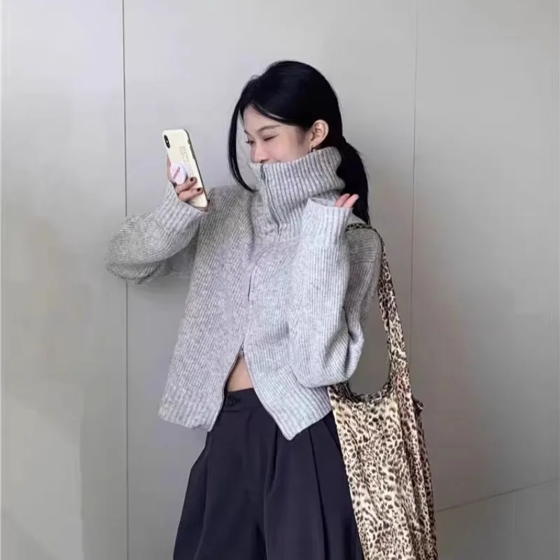 

Высококачественный кашемировый вязаный кардиган с высоким воротником и двойной молнией для женщин, свободный и толстый свитер, шерстяной свитер, пальто