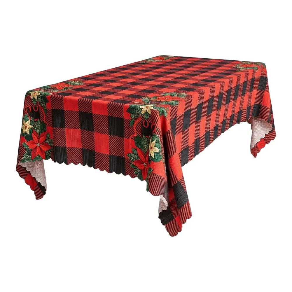 Plaid Tablecloth 140x220cm Polyester Holiday Design Scalloped Hem Red Black or Green Red for Festive Table Setup