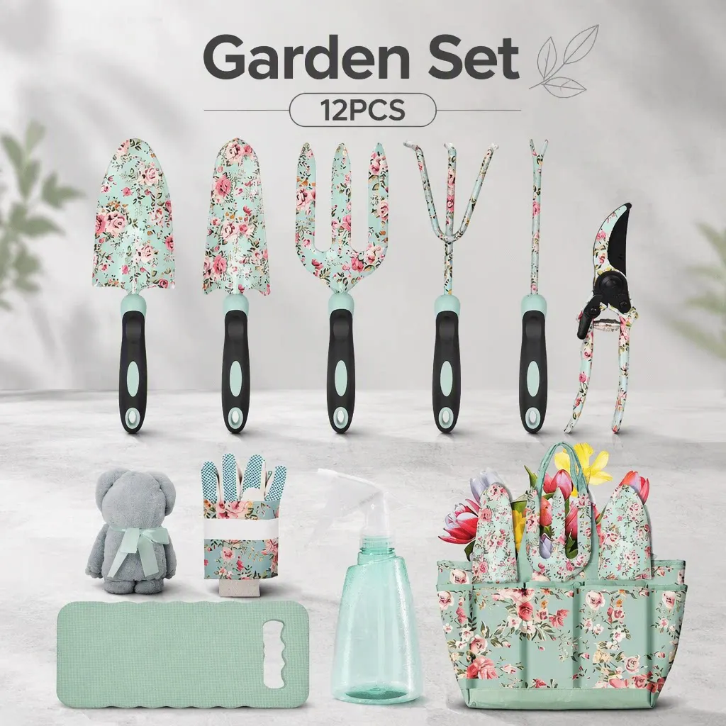 11 Piece Stainless Steel Gardening Tools Set with Trowel Weeder Pruning Shears and Spray Bottle for Outdoor Use