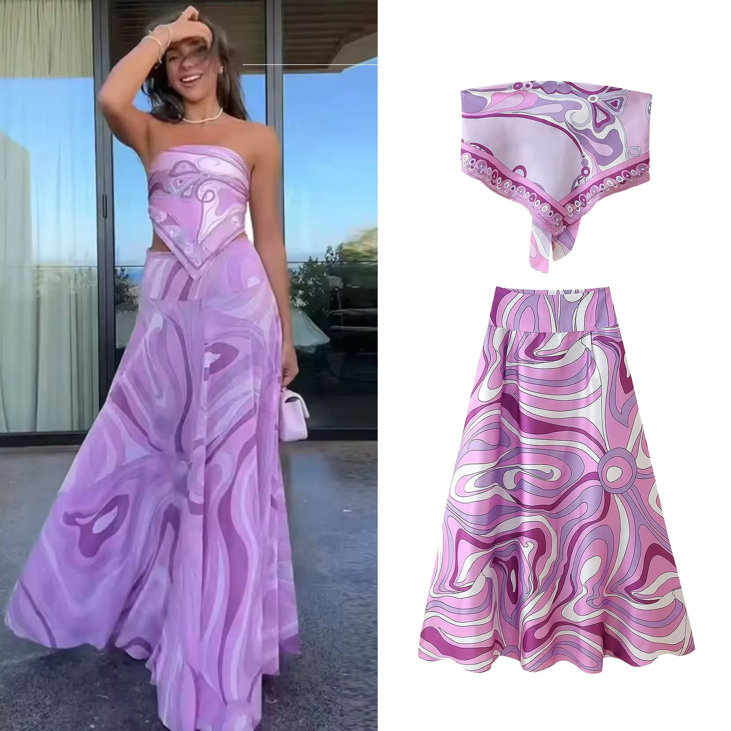 

Women Skirt Suit Set 2025 Fashional Mini Tops Or A-line Pleated Long Skirt Female Beach Holidays Outwear printed Suits Sexy Slim