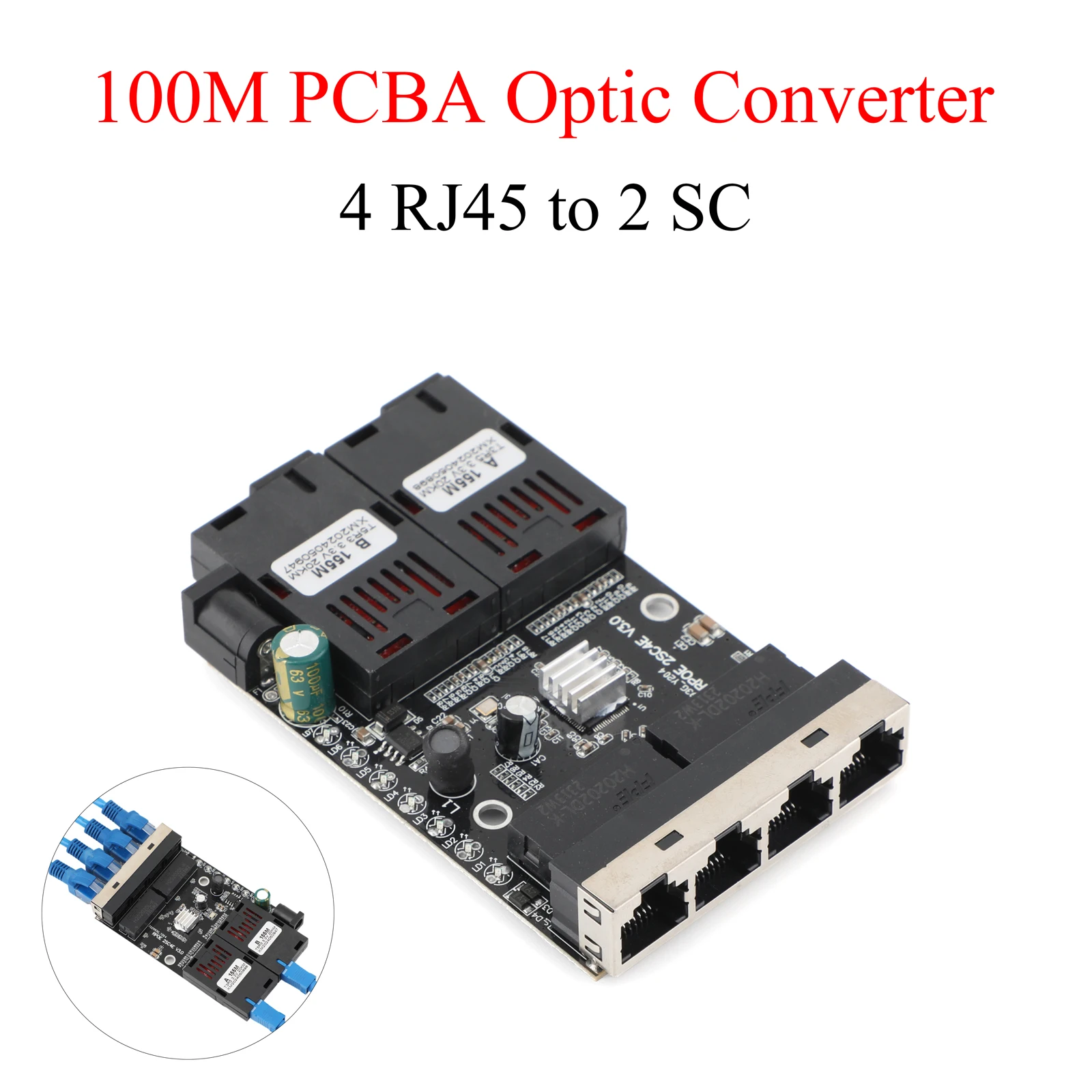 

4 RJ45 to 2 SC A+B Optic Connector 100M Fiber Optic Media Converter 1310nm/1550nm Ports PCBA Board 20KM Ethernet Switch Black