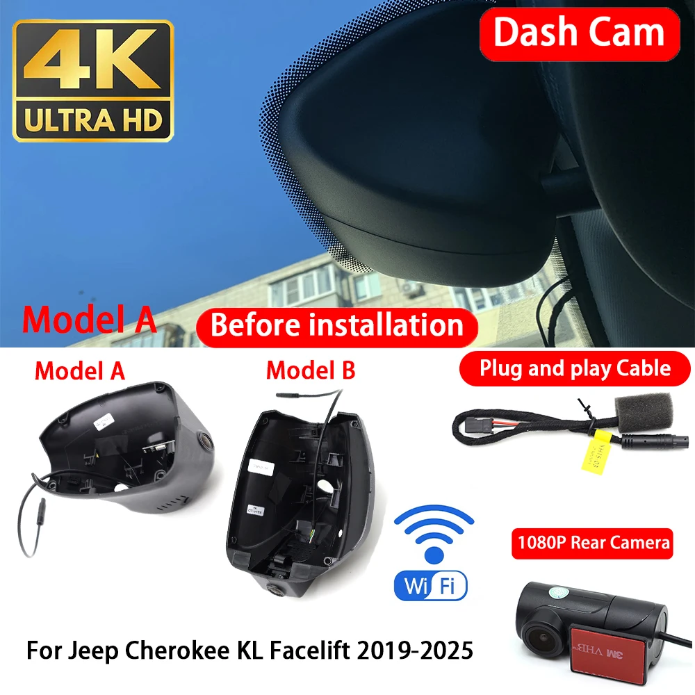 Cámara para Auto 4K con Wifi, Plug & Play, Grabación en Bucle, para Jeep Cherokee KL Facelift 2019-2025, Grabación Delantera y Trasera