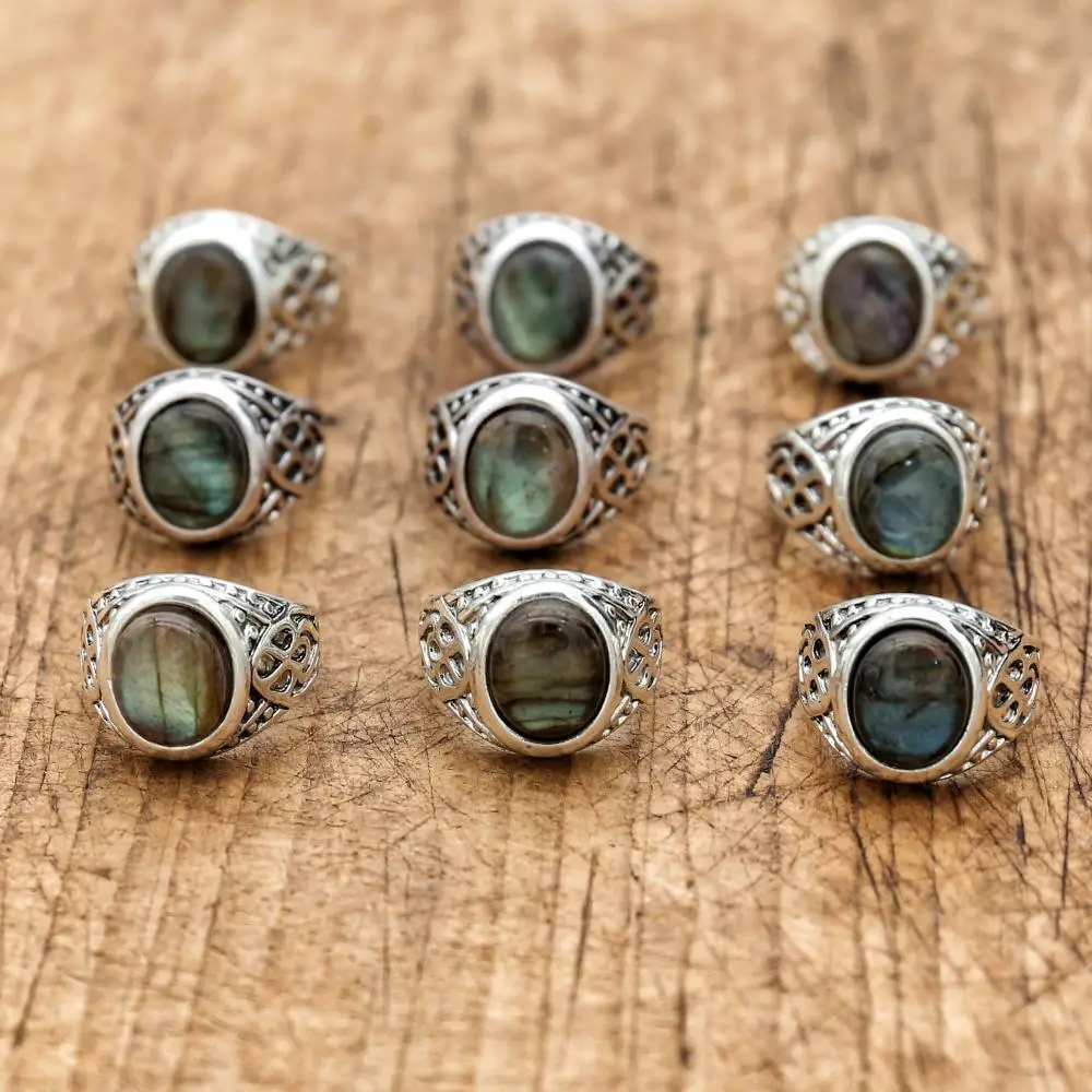 1 pcs Vintage Natural Stone Ring Antique Jewelry Labradorite Rings for Women Men Wedding Engagement Adjustable