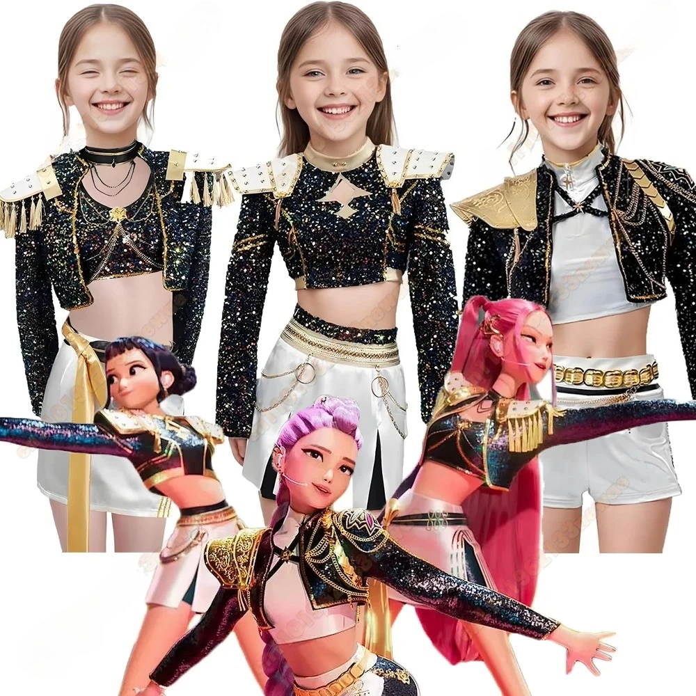 

Аниме Idol Kids Girls Kpop Demon Hunters Rumi Zoey Mira Косплей Полный костюм Комплект костюма для выступления на сцене Детская вечеринка на Хэллоуин