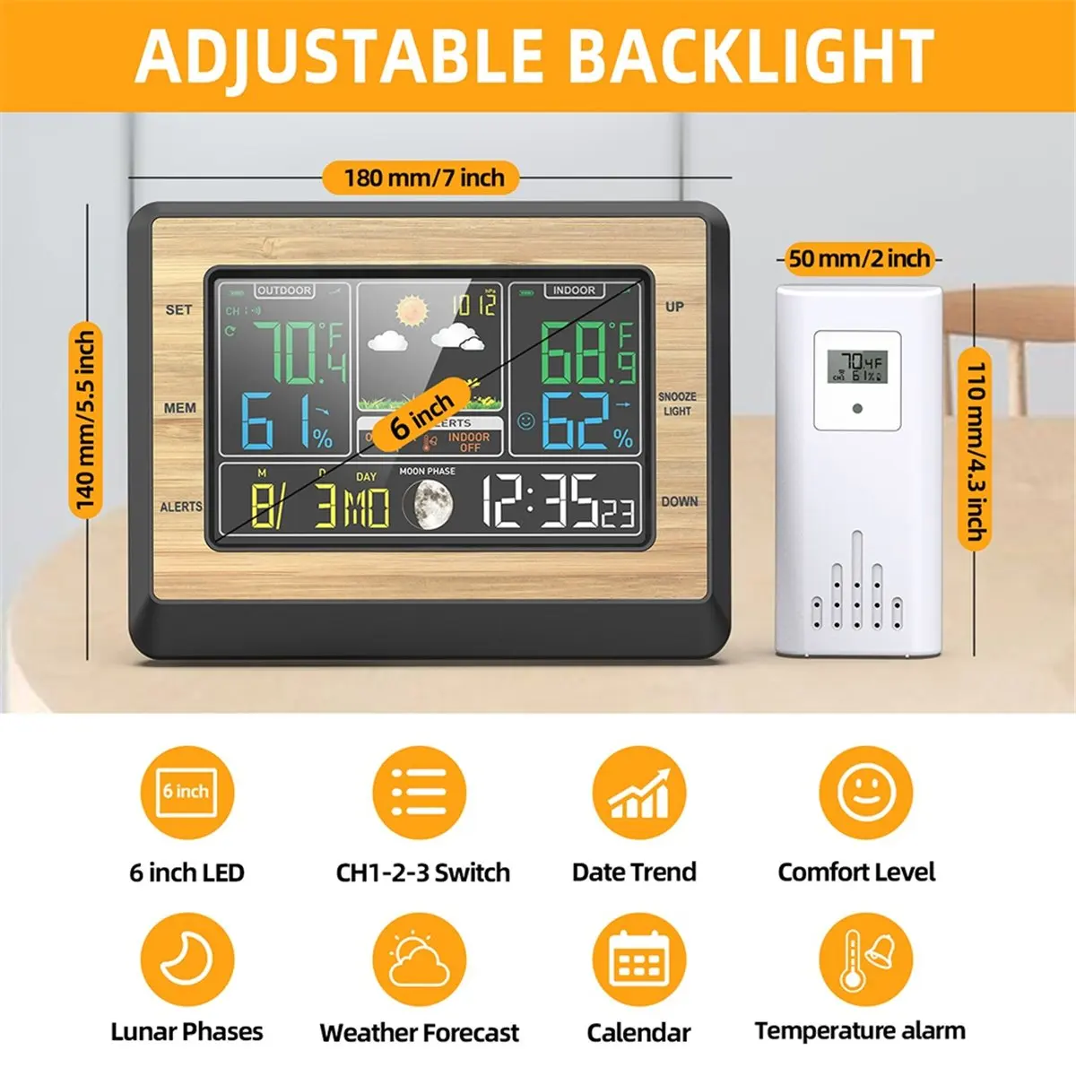 A99X Wireless Weather Station 6 Inch Color Screen Digital Temperature Humidity Meter Weather Forecast Station with Sensor