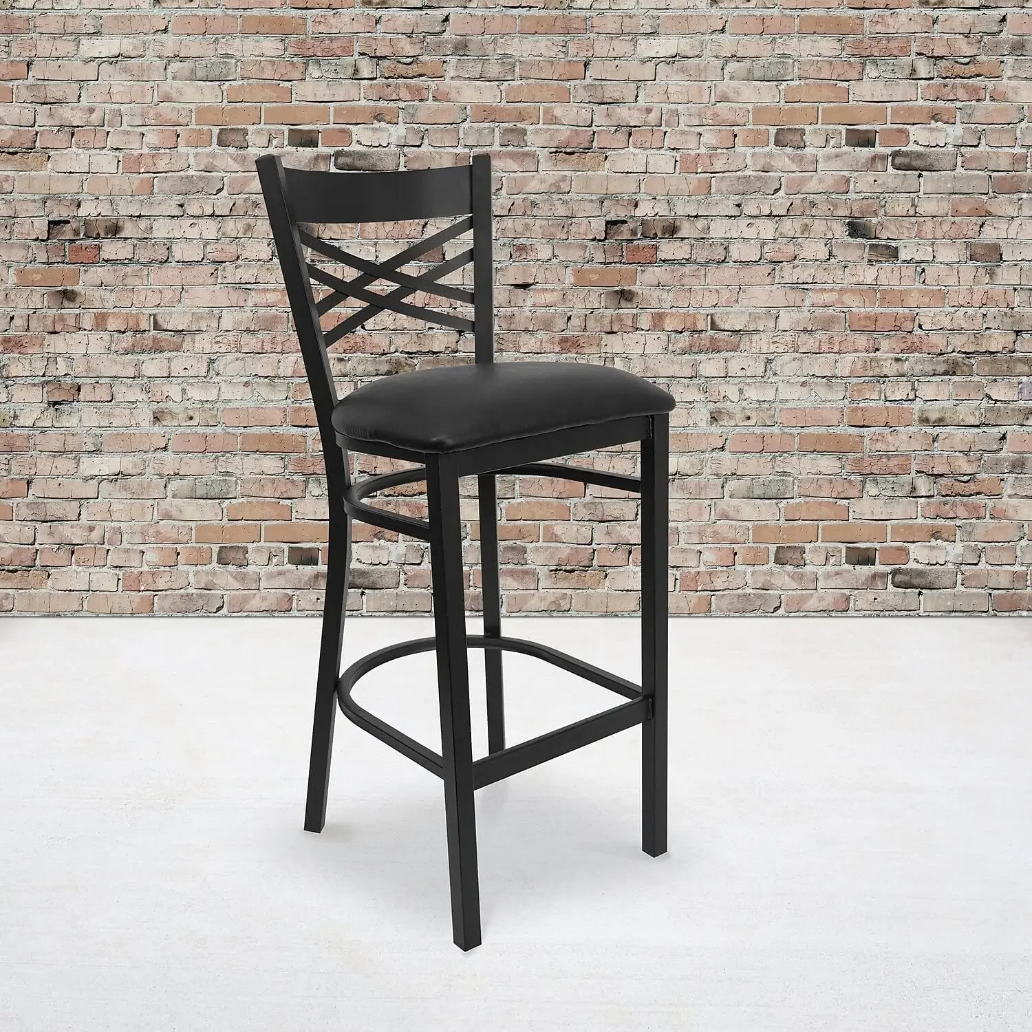 HERCULES Series Black ''X'' Back Metal Restaurant Barstool - Black Vinyl Seat