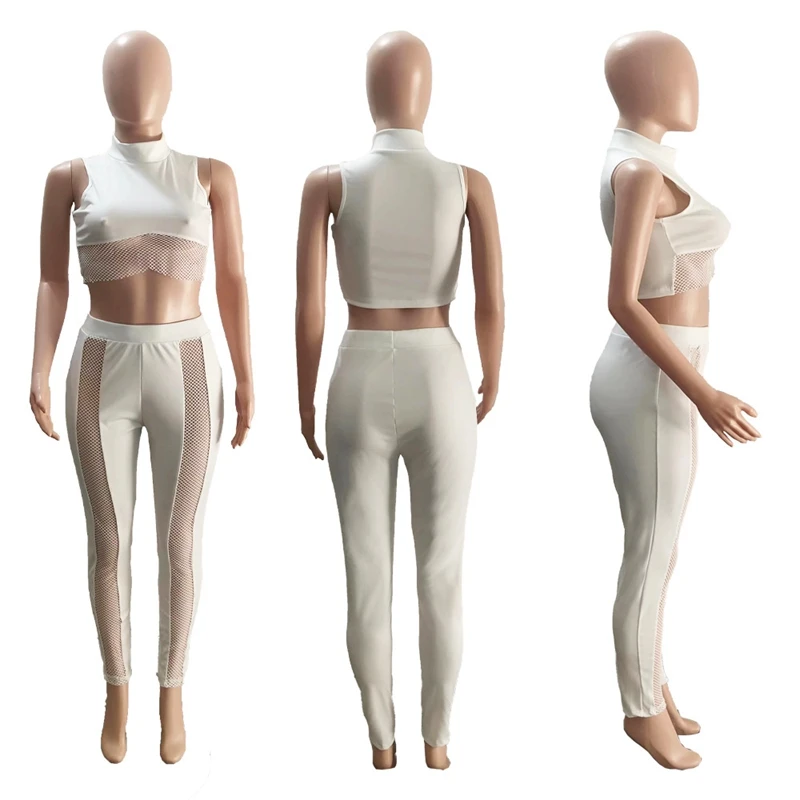 Sexy White Mesh Patchwork 2 Two Piece Sets Women Outfit Summer Tank Top and Leggings Set Slim Club Party Matching Sets Suit