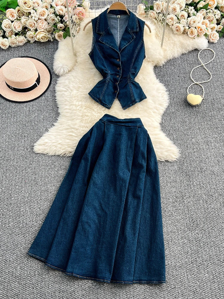 

French style casual set women summer light and mature style pleated and waist cinched denim top+high waist large swing skirt