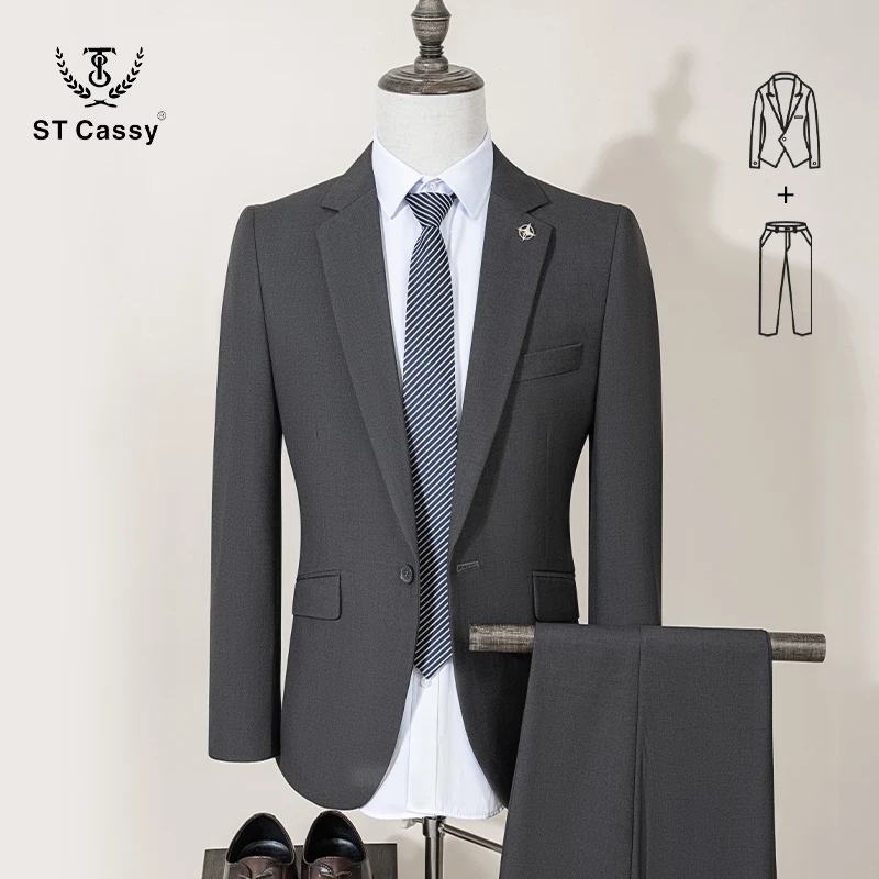 

ST Cassy Dark grey Men's Suit Slim Fit Solid Color Suit Formal Business Office Single Breasted Coat Pants 2 Pieces Set