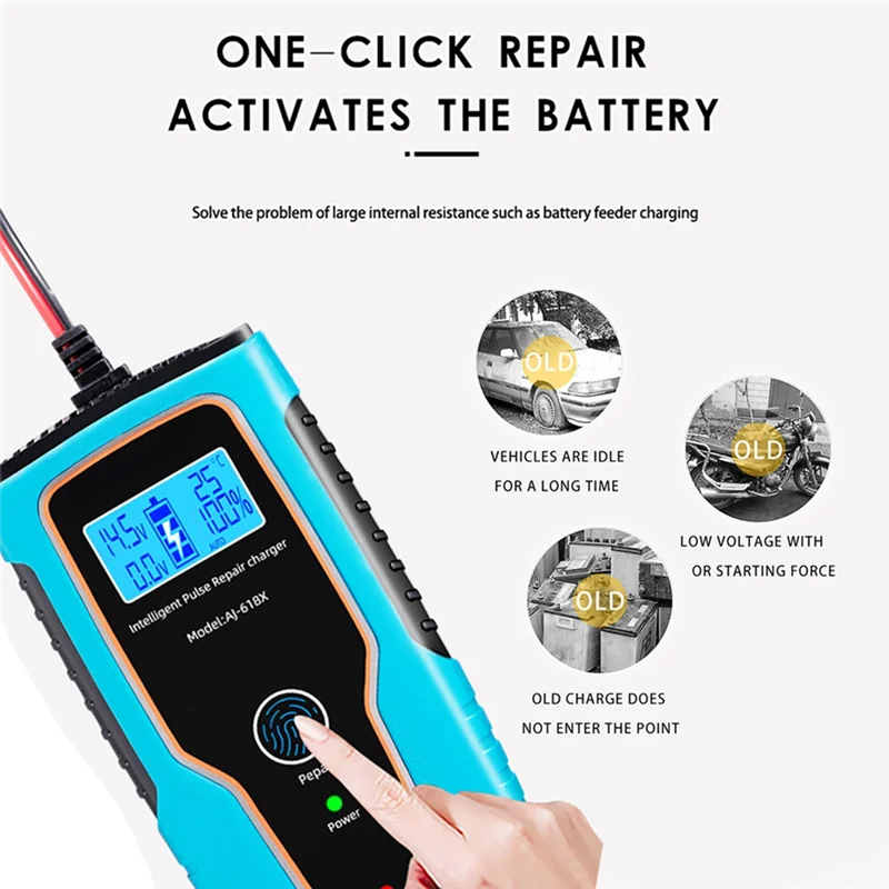 100AH 12V 6A Car Battery Charger Pulse Repair 100V-250V Automatic Charger for Car Motorcycle Lead Acid US Plug