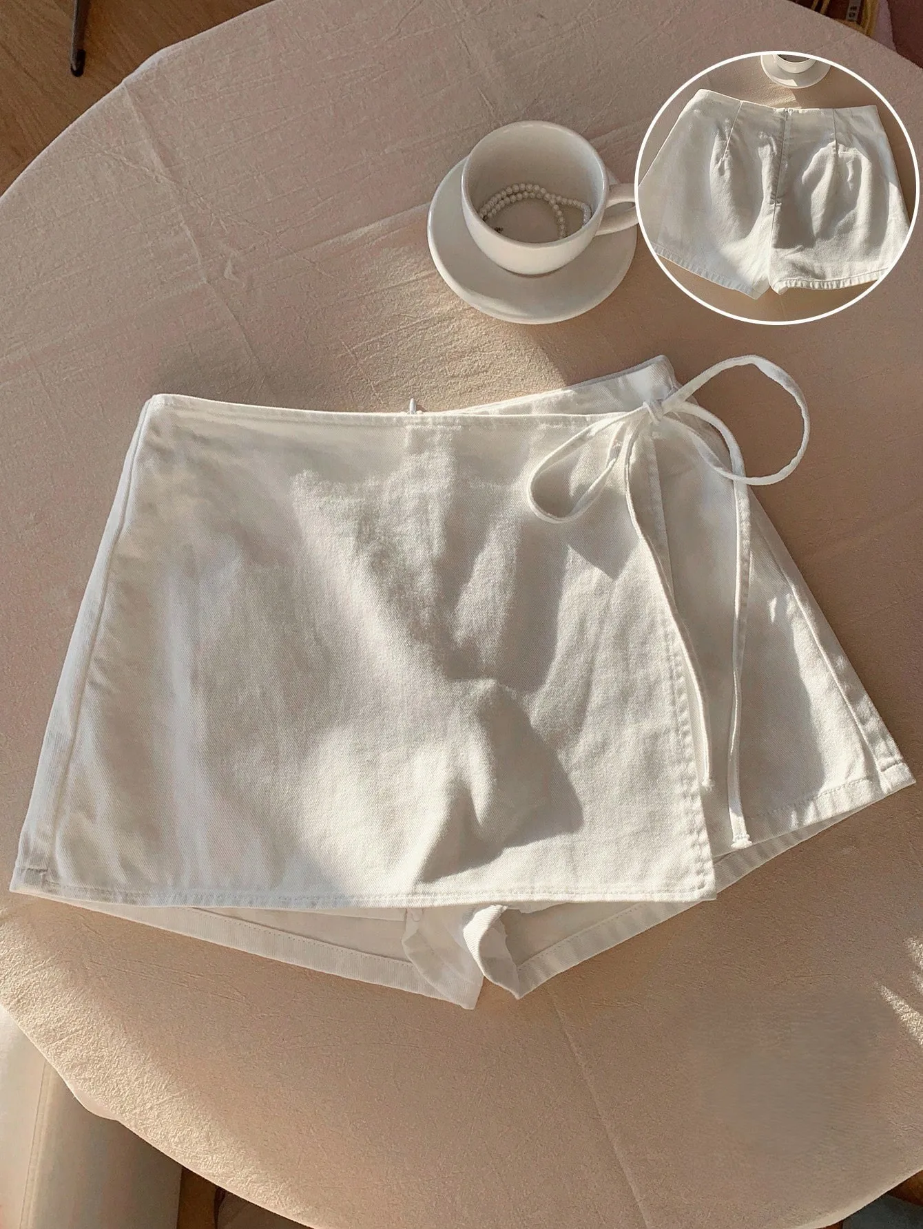 Ladies New Spring Summer Linen Solid Color Casual Sports Elastic Waist Drawstring Belted Skort for Spring Summer