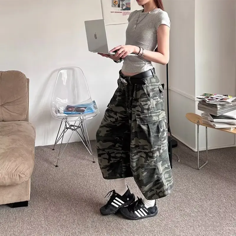 American Camouflage Jeans Straight Loose Denim Pants Unisex High Street Versatile Seven-Minute Length Trousers Male Female
