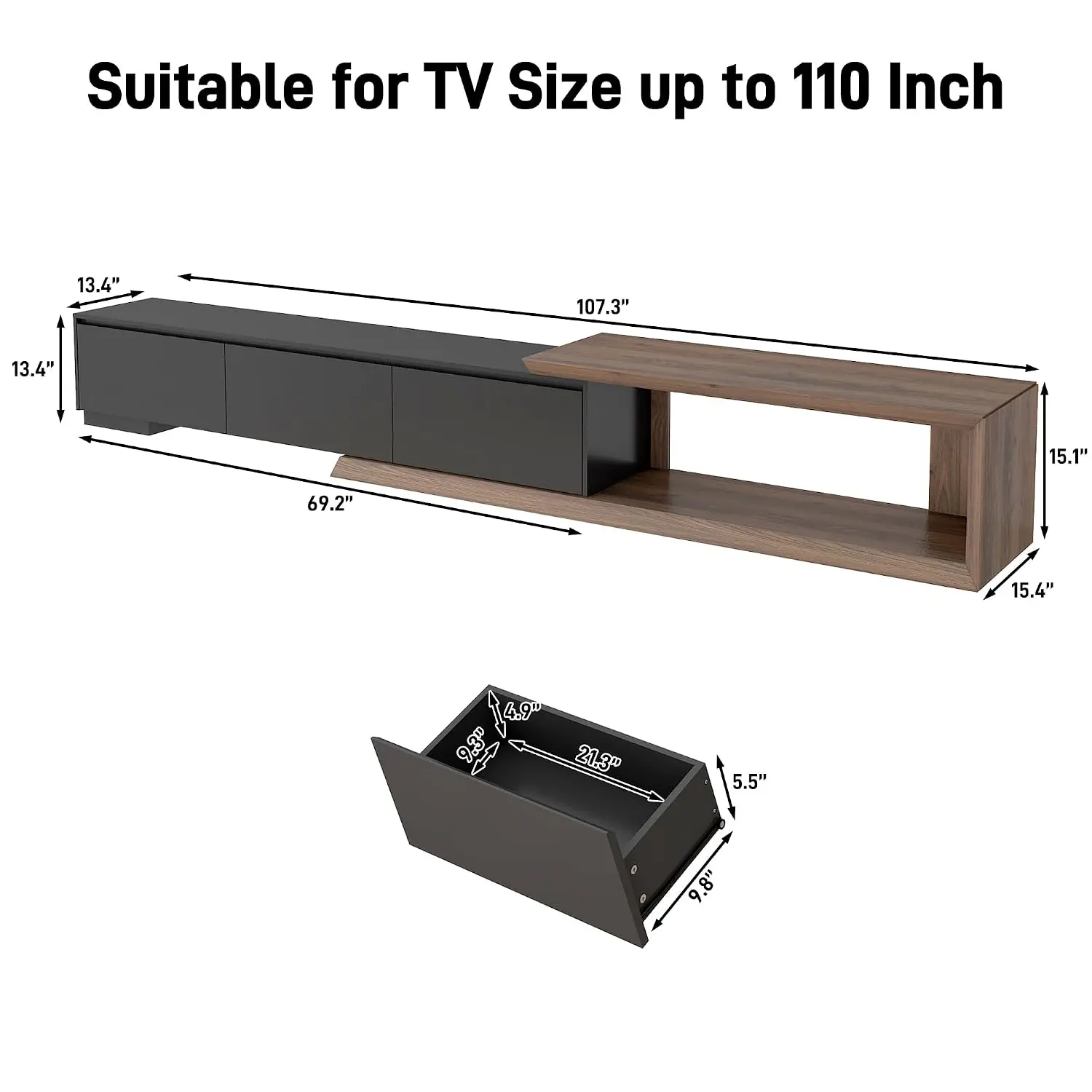 Extendable TV Stand with 3 Drawers, Modern Minimalist Entertainment Center, Reversible Long TV Media Console, Customized
