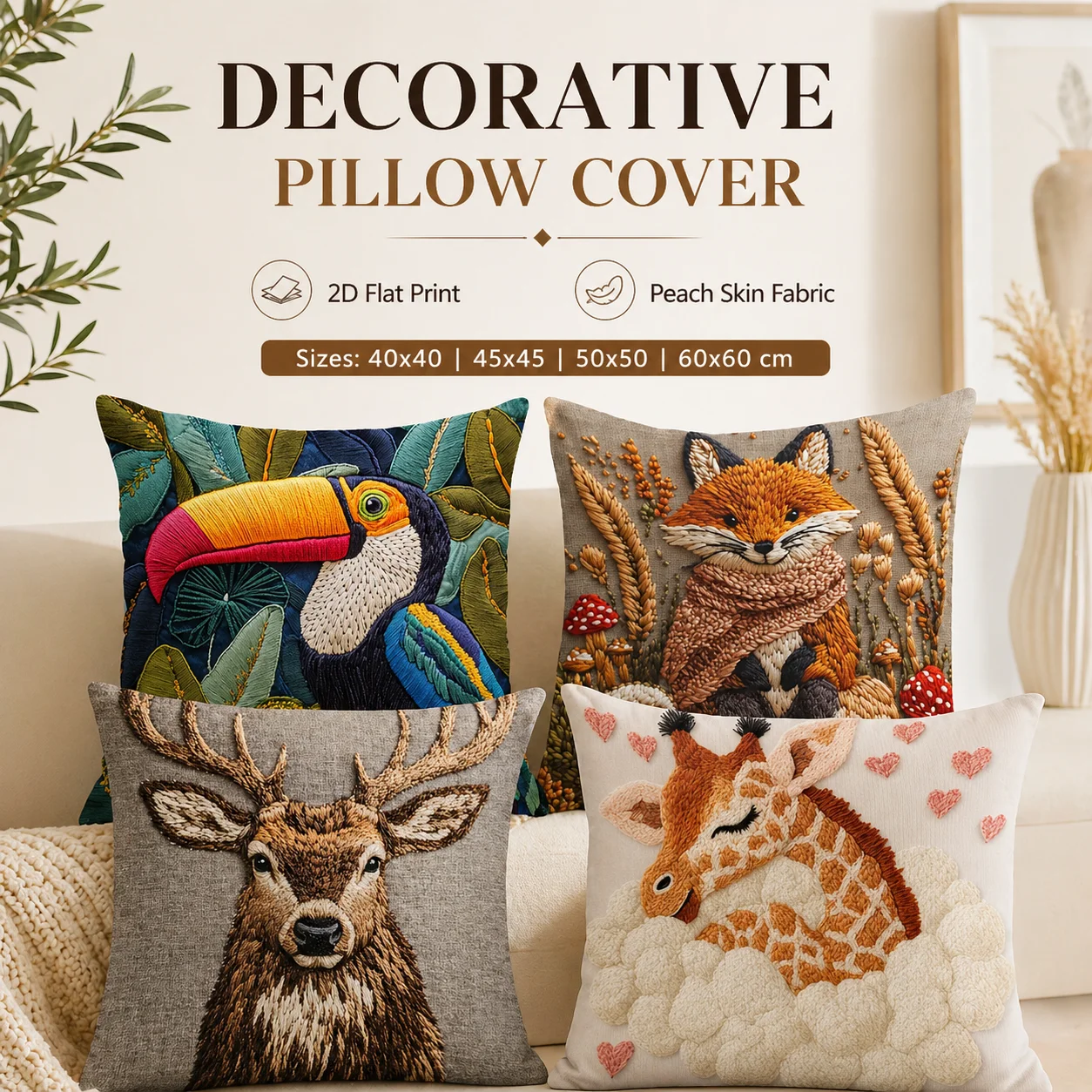 

Cute Animal Fox Toucan Giraffe Peach Skin Cushion Cover 2D Flat Printed Pillowcase For Living Room Sofa Home Decor 45x45cm