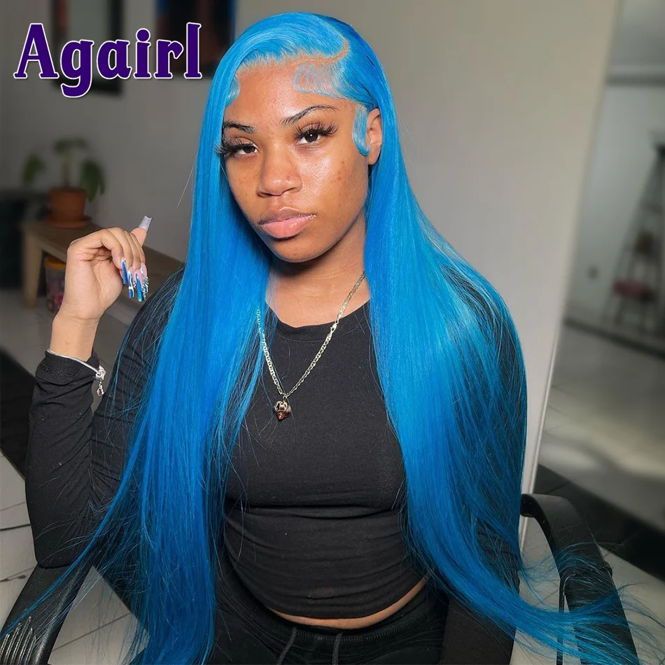 Perruque Lace Front Wig naturelle brésilienne lisse, cheveux vierges, bleu clair menthe, 13x6, 13 tage, pour femmes africaines